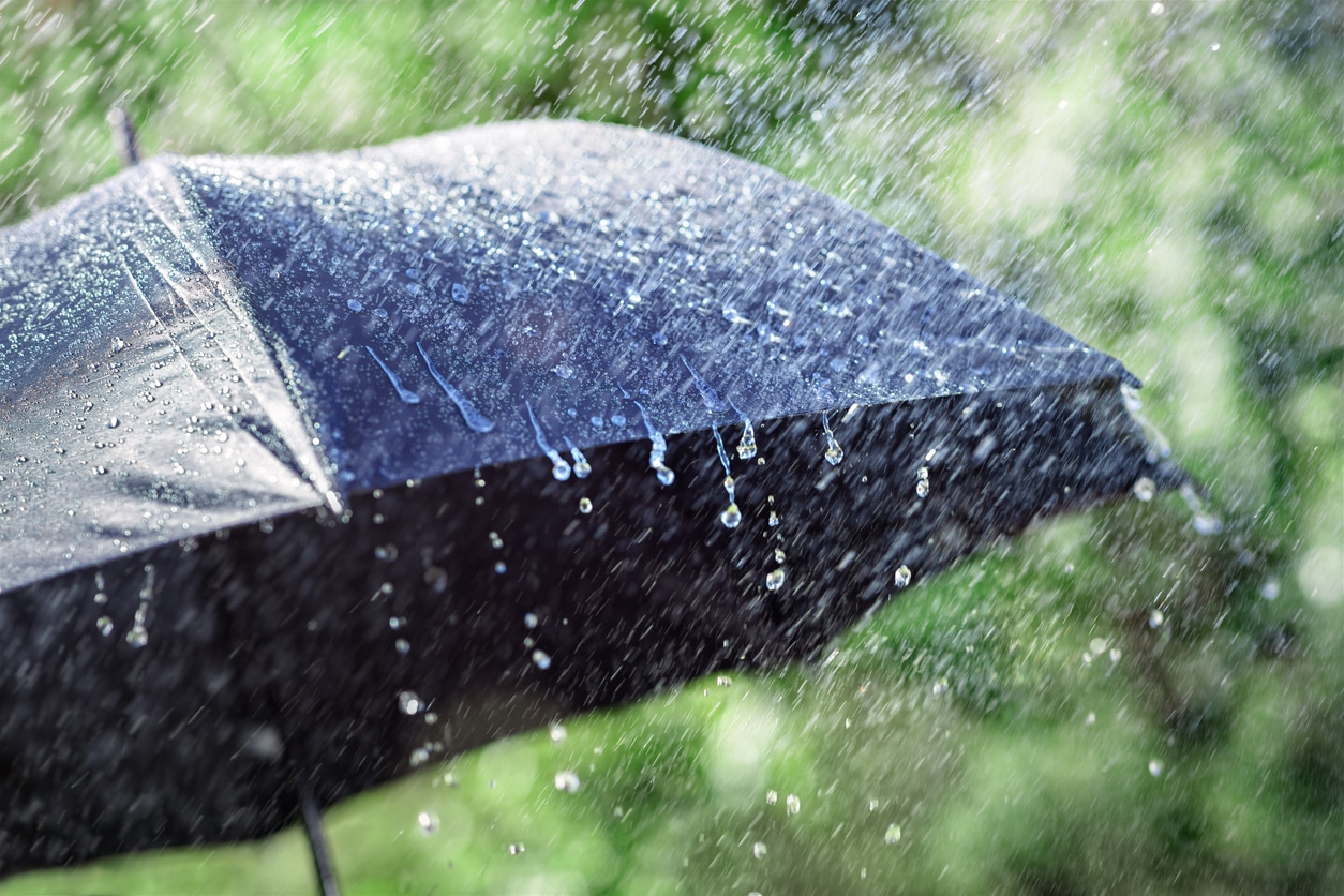 Rain hitting an umbrella.