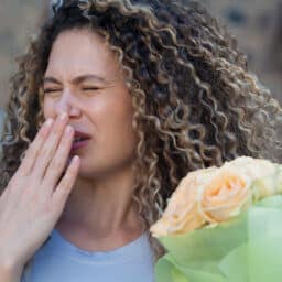 Woman holding flowers trying not to sneeze